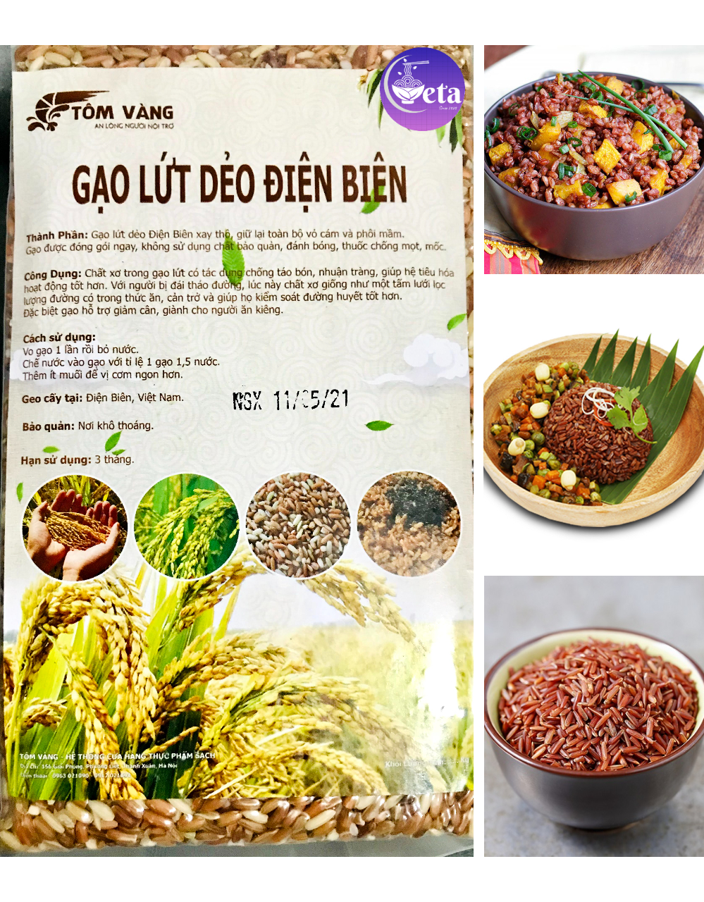 Combo Lứt dẻo, Gạo lứt đỏ và lức tím than Tôm Vàng (1kg/gói)