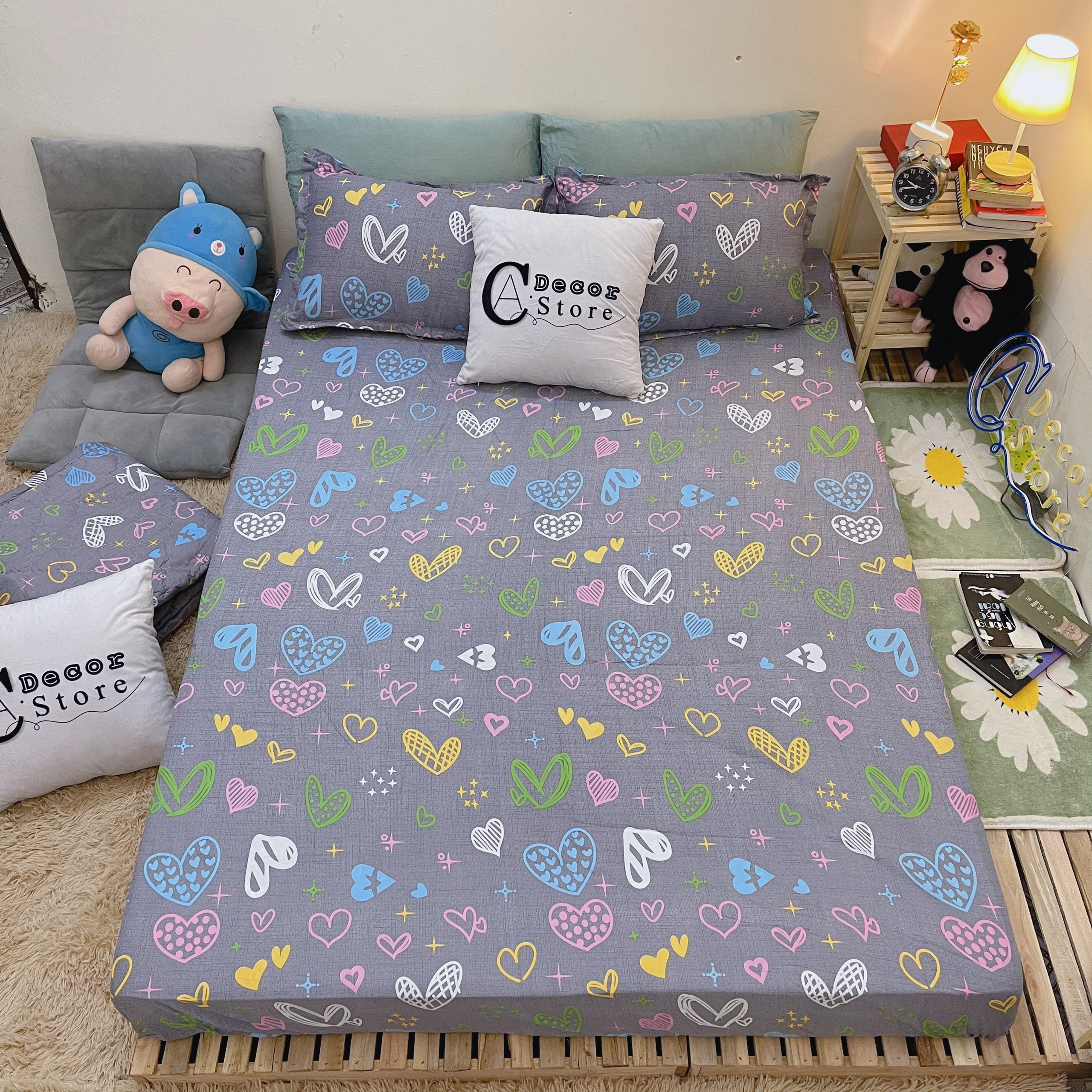 Bộ Chăn Ga Gối Cotton Poly Tim Vẽ, Chất Liệu Thoáng Mát , Kích Cỡ Đa Dạng , By. C.A Decor Store