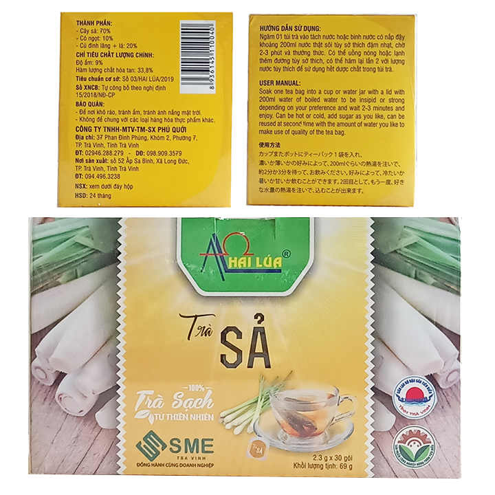 Trà Sả ( trà túi lọc) [Hai Lúa - Phú Qưới] hộp 30 gói