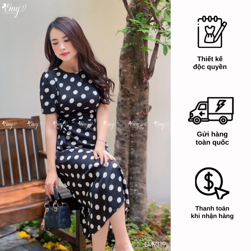 Đầm emy em9319 xoè chấm bi xanh đen