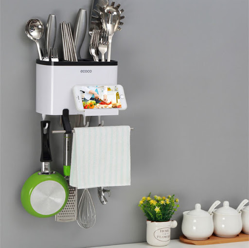 Kệ đựng dao đũa thìa nhà bếp, ống đựng đũa dán tường siêu chắc Ecoco kèm móc treo