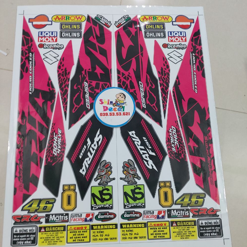 Tem satria fi báo đốm hồng dán xe đen