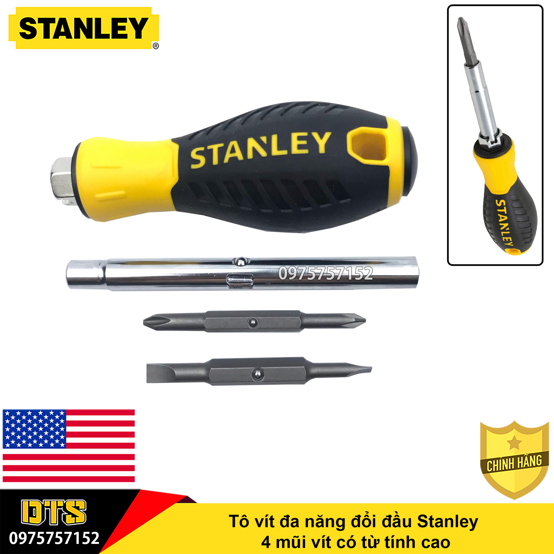 Tô vít đa năng đổi đầu Stanley 4 mũi vít có từ tính cao, thao tác linh hoạt, tay cầm chắc chắn