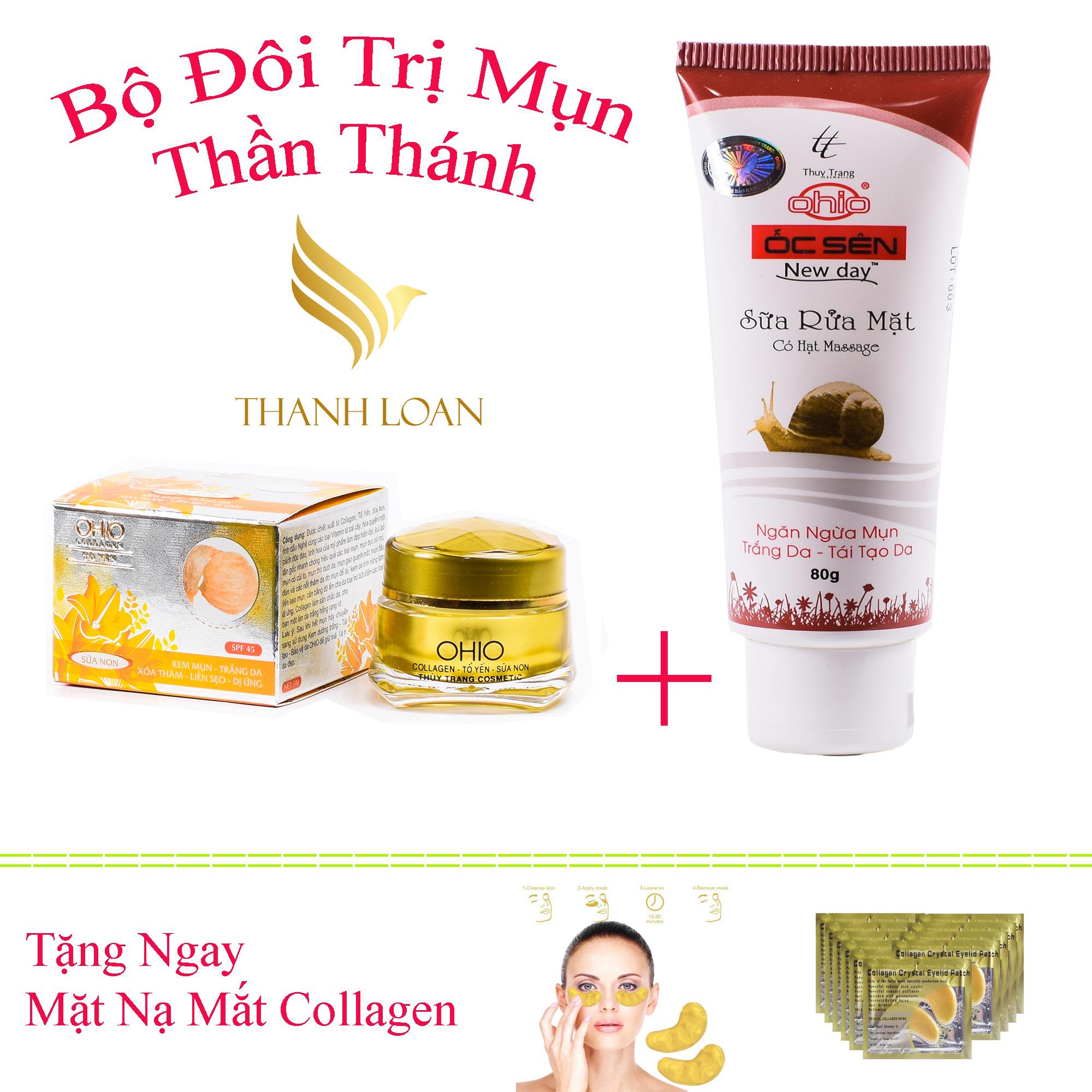 Combo Kem mụn- Trắng da- Xóa thâm- Liền sẹo- Dị ứng- Sữa non- Tổ yến 18(g) + Sữa rửa mặt ngăn ngừa mụn - Dưỡng trắng - Tái Tạo da OHIO Ốc Sên New Day - Tặng ngay mặt nạ mắt collagen - Thanh Loan