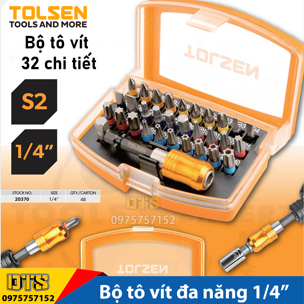 Bộ mũi vít đa năng công nghiệp 38 chi tiết hãng TOLSEN, bộ mũi vặn tua vít chuôi lục giác 6.35mm cho máy khoan điện, máy khoan pin, mũi vít thép S2 cao cấp độ cứng cao, đầu hoa thị, đầu lục giác, hoa thị lỗ, bộ mũi vặn vít