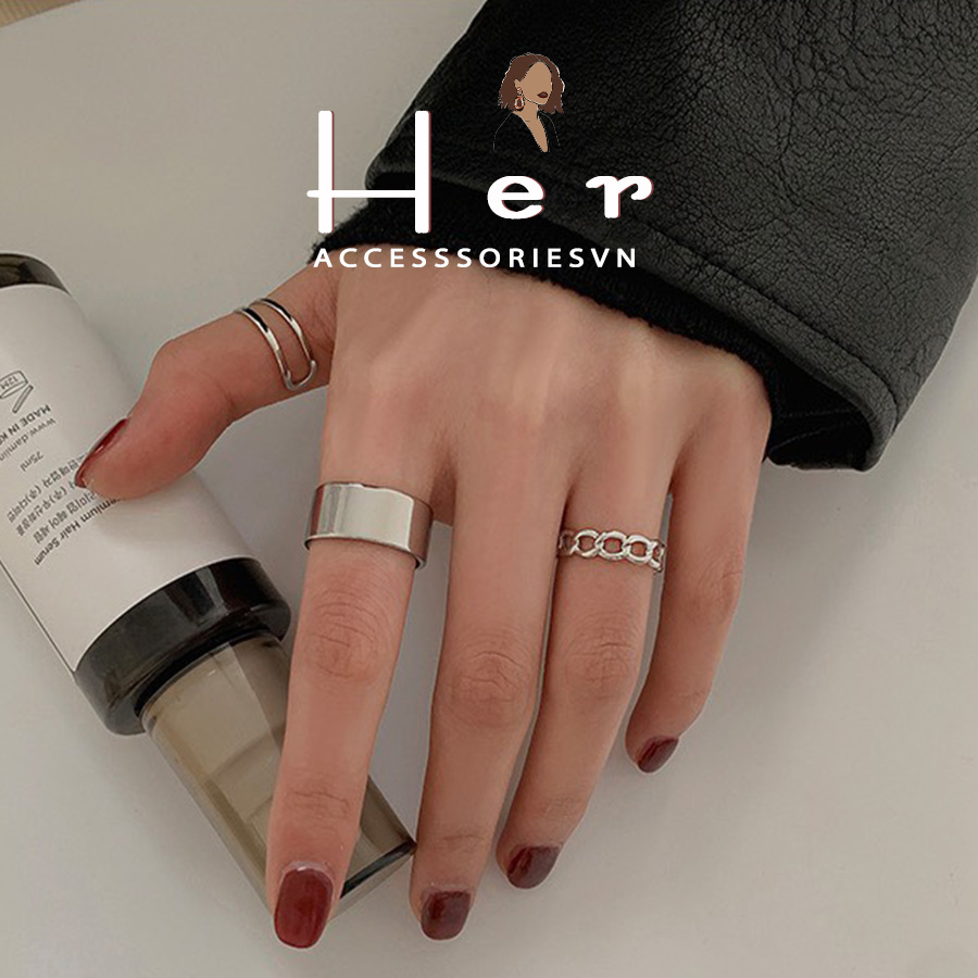 Set nhẫn 3 chiếc Nhẫn bạc nam nữ basic kiểu đặc mix dây xích cá tính Her Accessories N28
