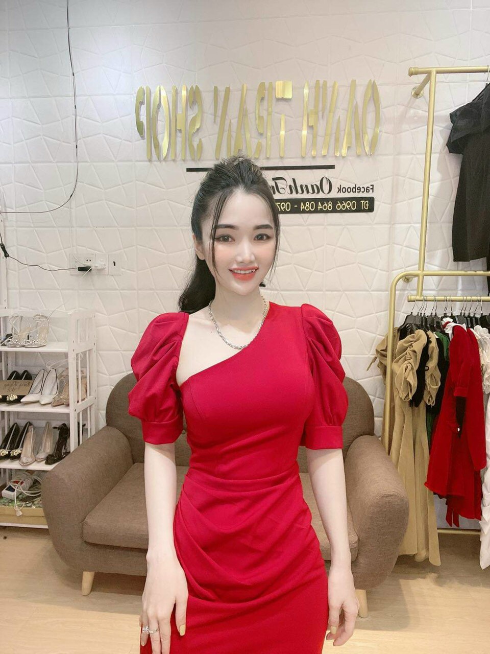 Đầm body tay phồng cổ xéo-TH#damnu