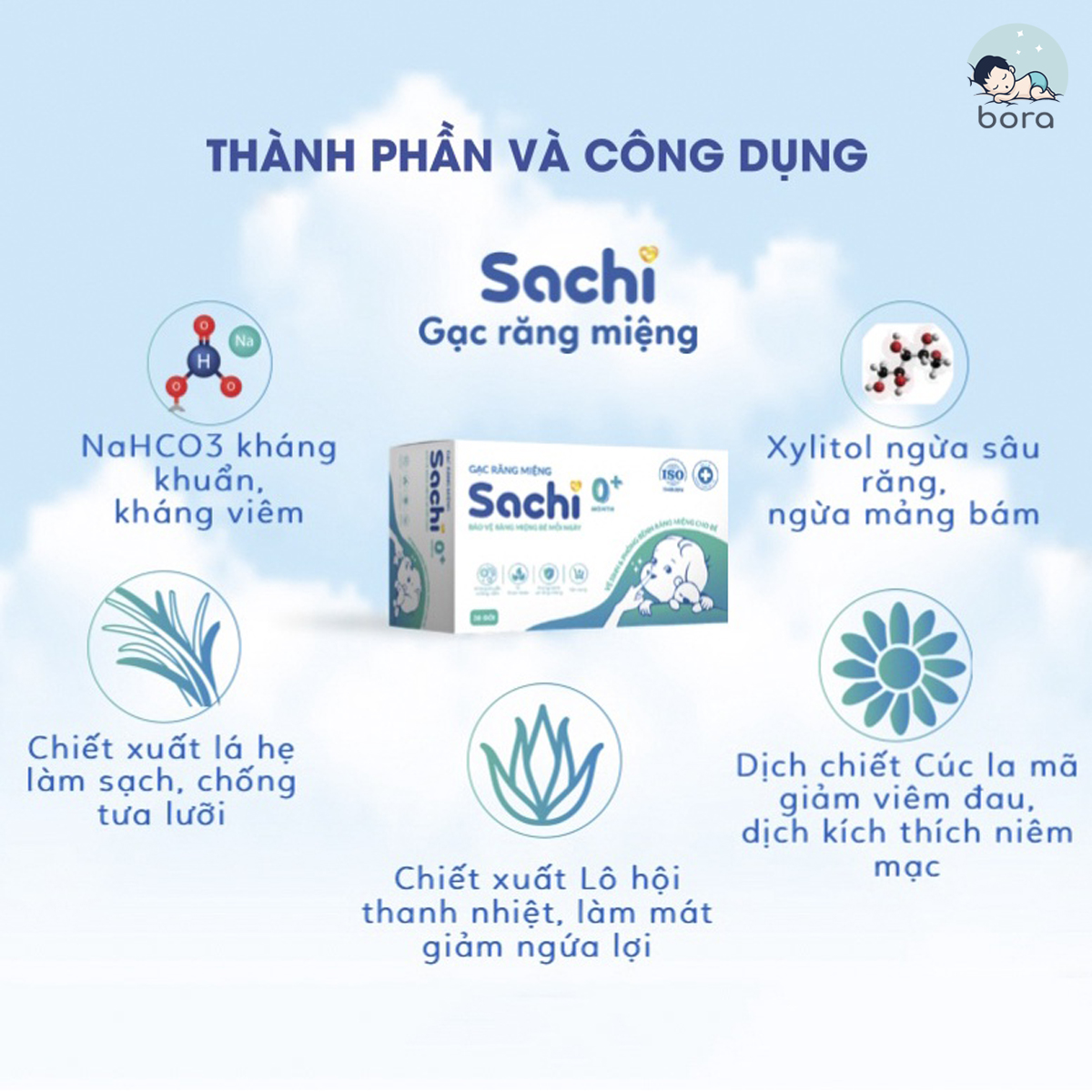 Gạc rơ lưỡi Sachi chiết xuất Lá hẹ, Lô hội, Cúc La mã vệ sinh răng miệng an toàn cho bé 0m+ [Hộp 30 gói]