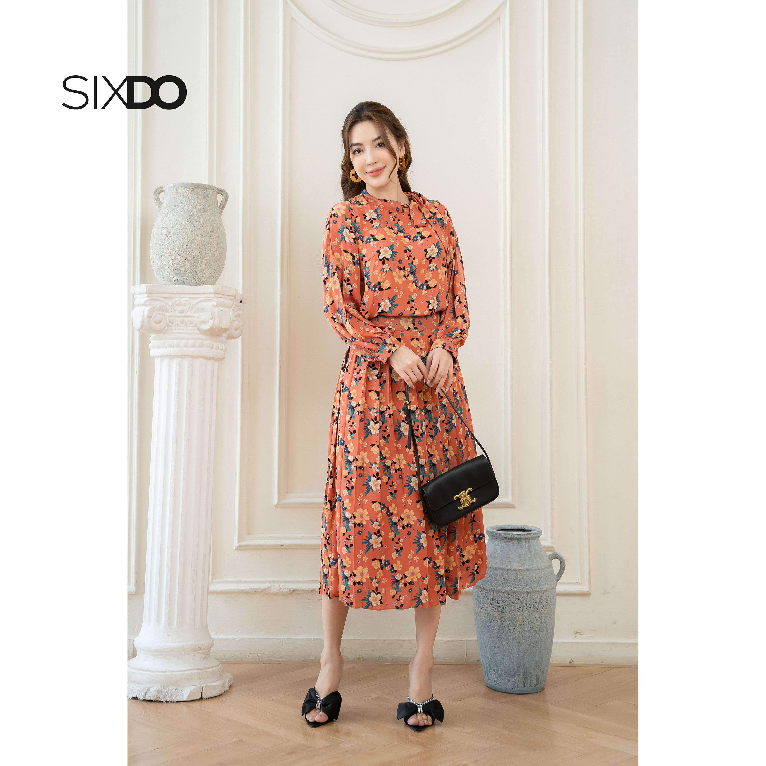 Chân váy hoa chiffon xếp ly SIXDO (Red Orange Floral Midi Chiffon Skirt)