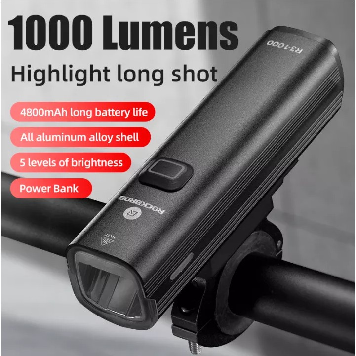 Đèn pin rockbros 1000 lumen sạc được 4800mah vỏ nhôm chống nước cho xe đạp