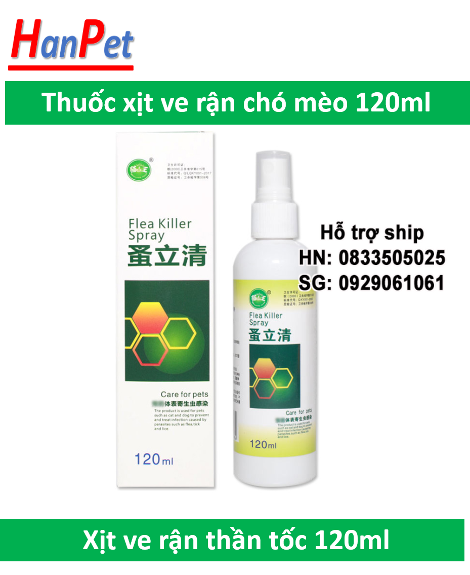 Hanpet - Hantox & Thần tốc 120ml, Xịt ve rận chó mèo bọ chó và bọ mèo