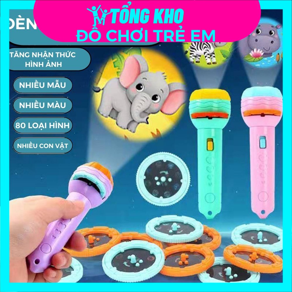 Đèn pin chiếu hình con vật cho bé 80 hình, đèn pin chiếu ảnh động vật cho trẻ học tập vui chơi
