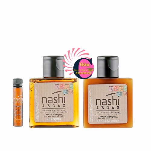 Bộ Nashi Argan Mini phục hồi tóc hư tổn ( Gội 30ml + Xả 30ml + Tinh dầu 5ml)