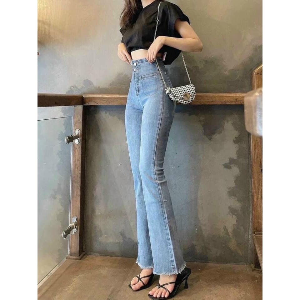 quần bò jean ống loe dáng dài cạp siêu cao
