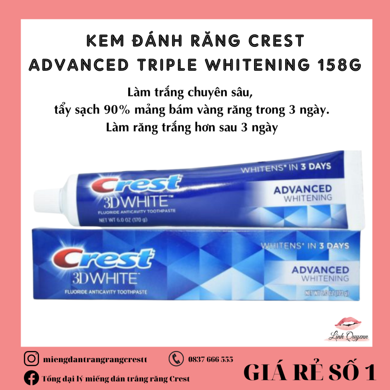 Kem đánh răng Crest 3D White Advanced Tripple Whitening 158G
