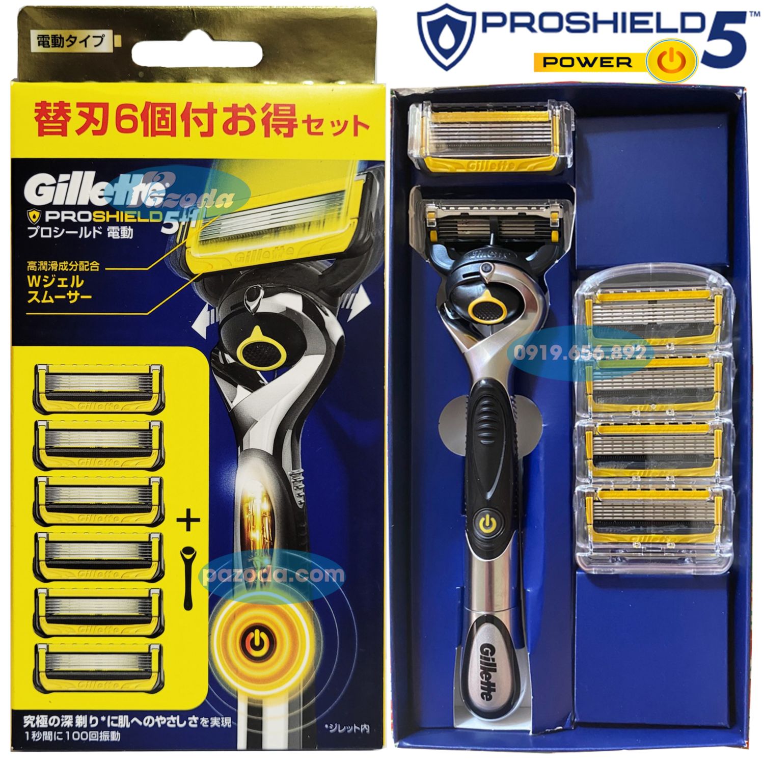 Dao cạo râu 5 lưỡi Gillette Proshield5 Power (1 tay cầm sử dụng pin và 6 đầu cạo 5+1)