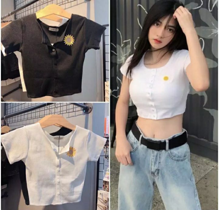MẪU ÁO THUN KIỂU CROPTOP HỌA TIẾT THÊU BÔNG CÚC BÊN