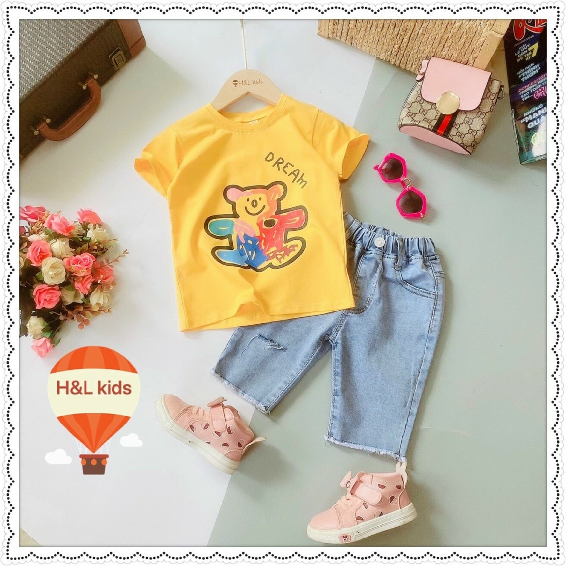 Sét áo thun gấu phối quần lửng jean
