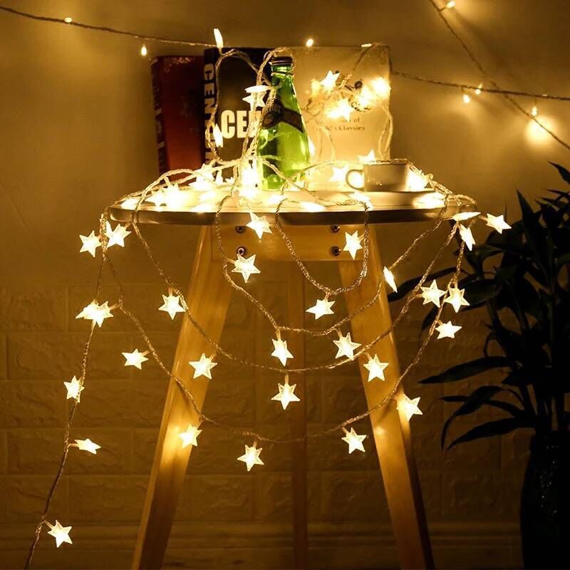 Dây đèn chớp rèm mành ngôi sao dây đèn ngôi sao trang trí. dây đèn hình ngôi sao ánh sáng vàng 6 sao lớn 6 sao nhỏ dây dài 5m