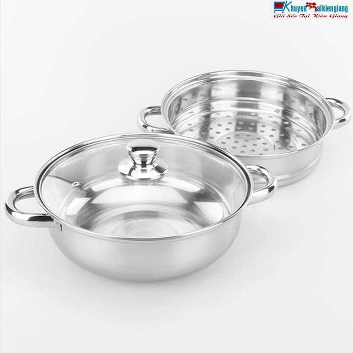 Nồi hấp inox 2 tầng size 28 cm nắp kính