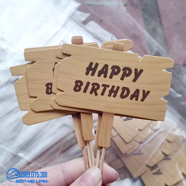Phụ kiện sinh nhật thẻ cắm happy vân gỗ (Sét 5 cái)