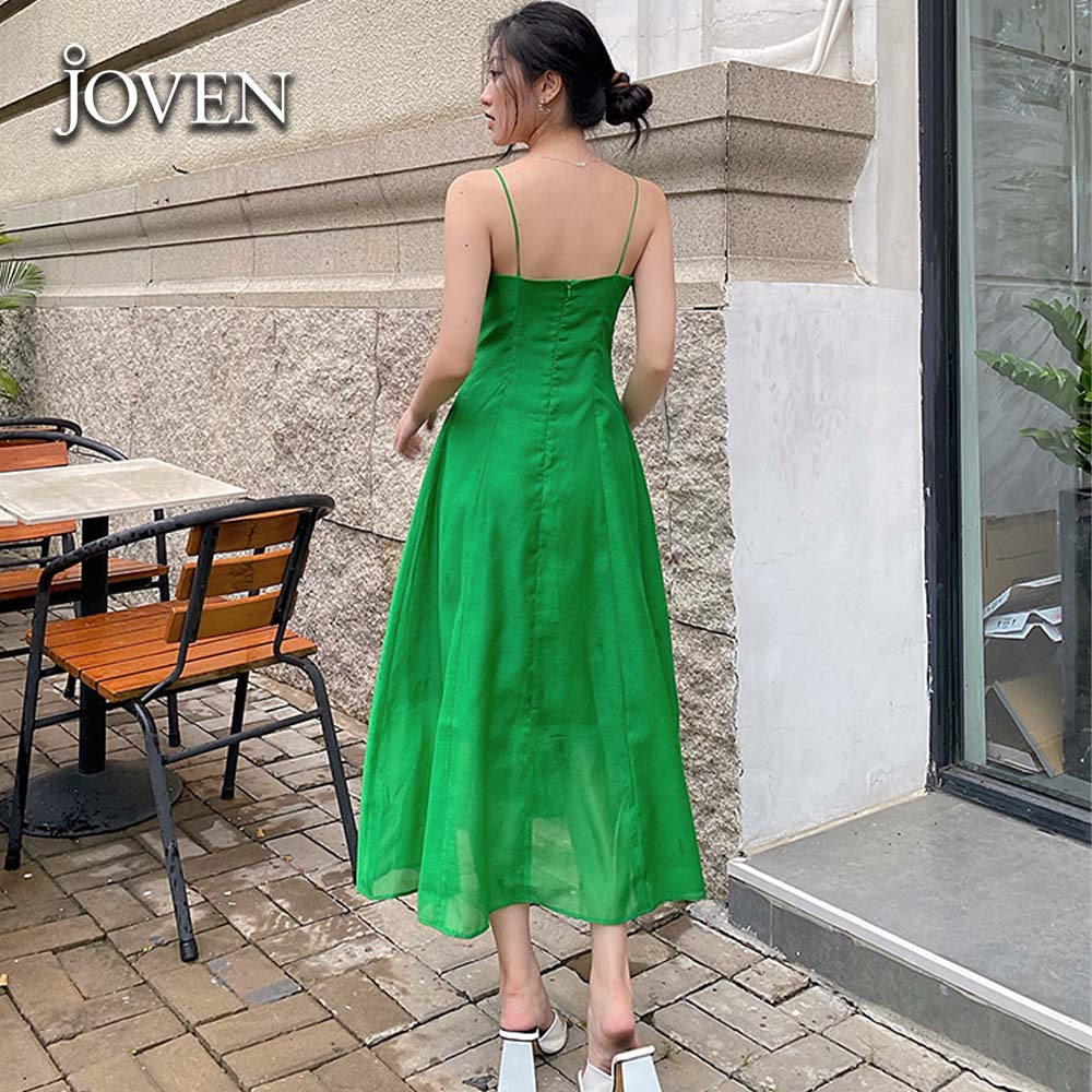 Đầm midi hai dây bèo nhún Joven