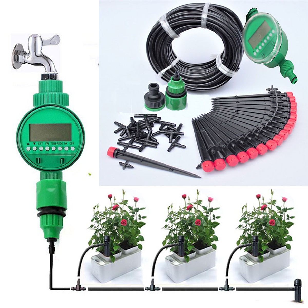 [HCM]Bộ béc tưới cây nhỏ giọt tự động 20 đầu cắm phun 8 tia kèm van nước hẹn giờ