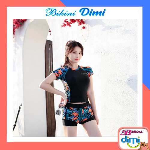 Bikini bộ bơi đồ bơi nữ kín đáo tay lửng phối hoa văn quần đùi