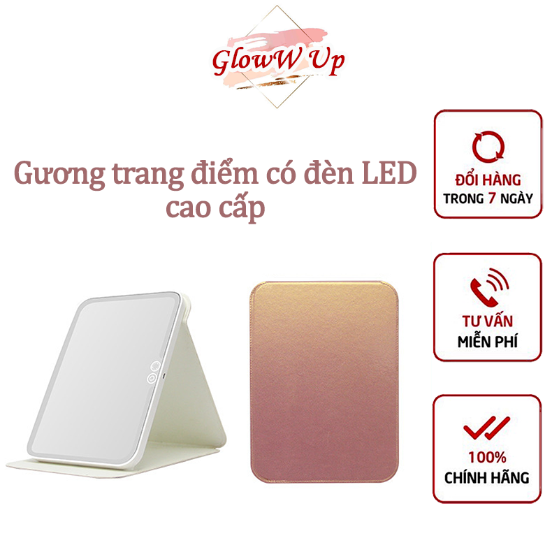 Gương Trang Điểm Để Bàn Có Đèn Led Hình Chữ Nhật Cảm Ứng Ba Chế Độ Chỉnh Được Độ Sáng Gương Bàn Trang Điểm Mini Cao Cấp Có Bao Da Chống Trượt Kiêm Gương Decor Pin Khỏe Nhiều Size Lựa Chọn - GLowW Up