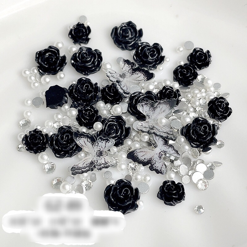 Set charm hoa hồng đen trắng trang trí nail
