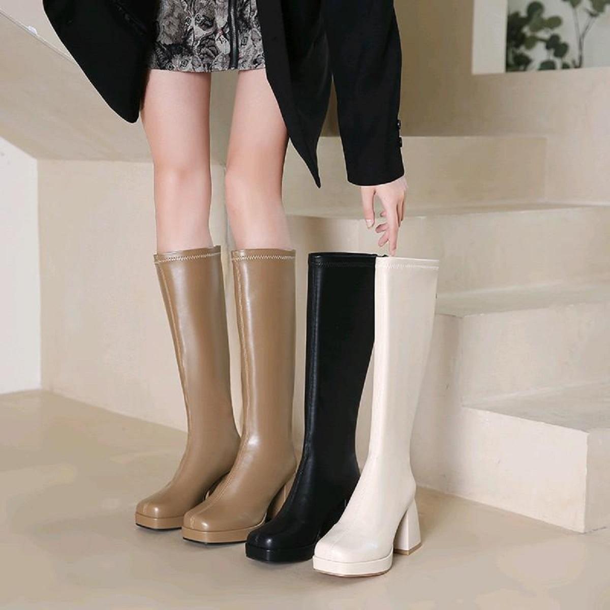 Bốt Đùi Độn Đế 8cm Boots Da Mềm Cổ Cao Khoá Kéo