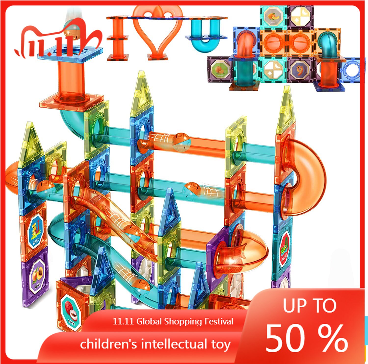 Magnetic Building Tiles 3D Building Blocks Construction Set Marble Run Magnet Blocks for Kids STEM Early Learning Toys Gif