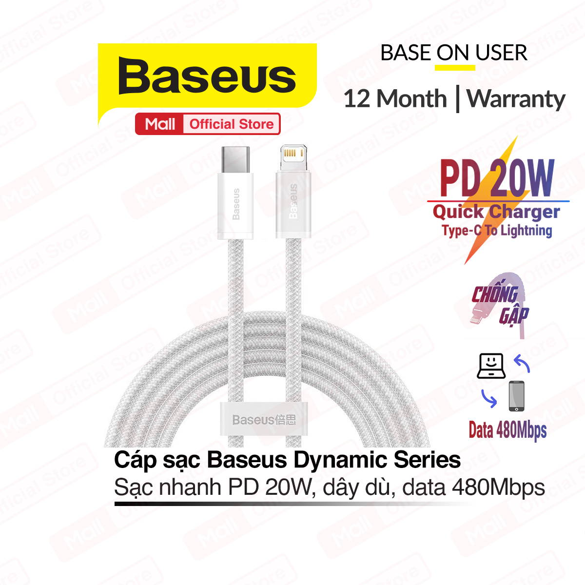 Cáp sạc nhanh Baseus Dynamic Series PD 20W Type-C to Lightning dành cho iPhone/iPad, data 480Mbps, dây bọc dù chống đứt, dài 1m/2m