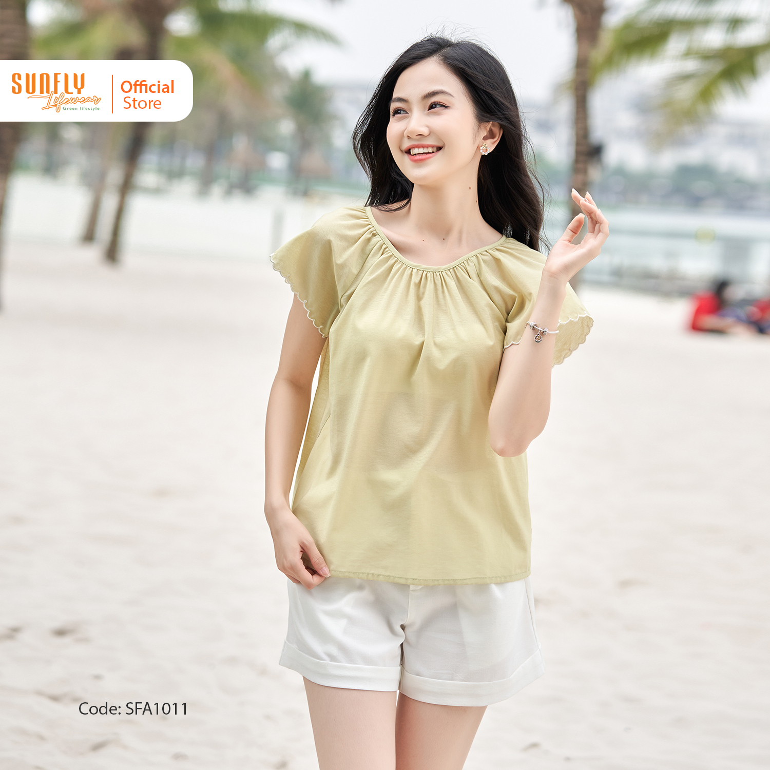 Áo kiểu nữ linen lụa sunfly áo vai zeclan trẻ trung năng động dạo phố sfa1011