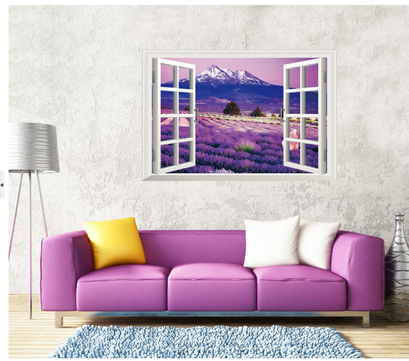 Decal dán tường cửa sổ vườn hoa tím