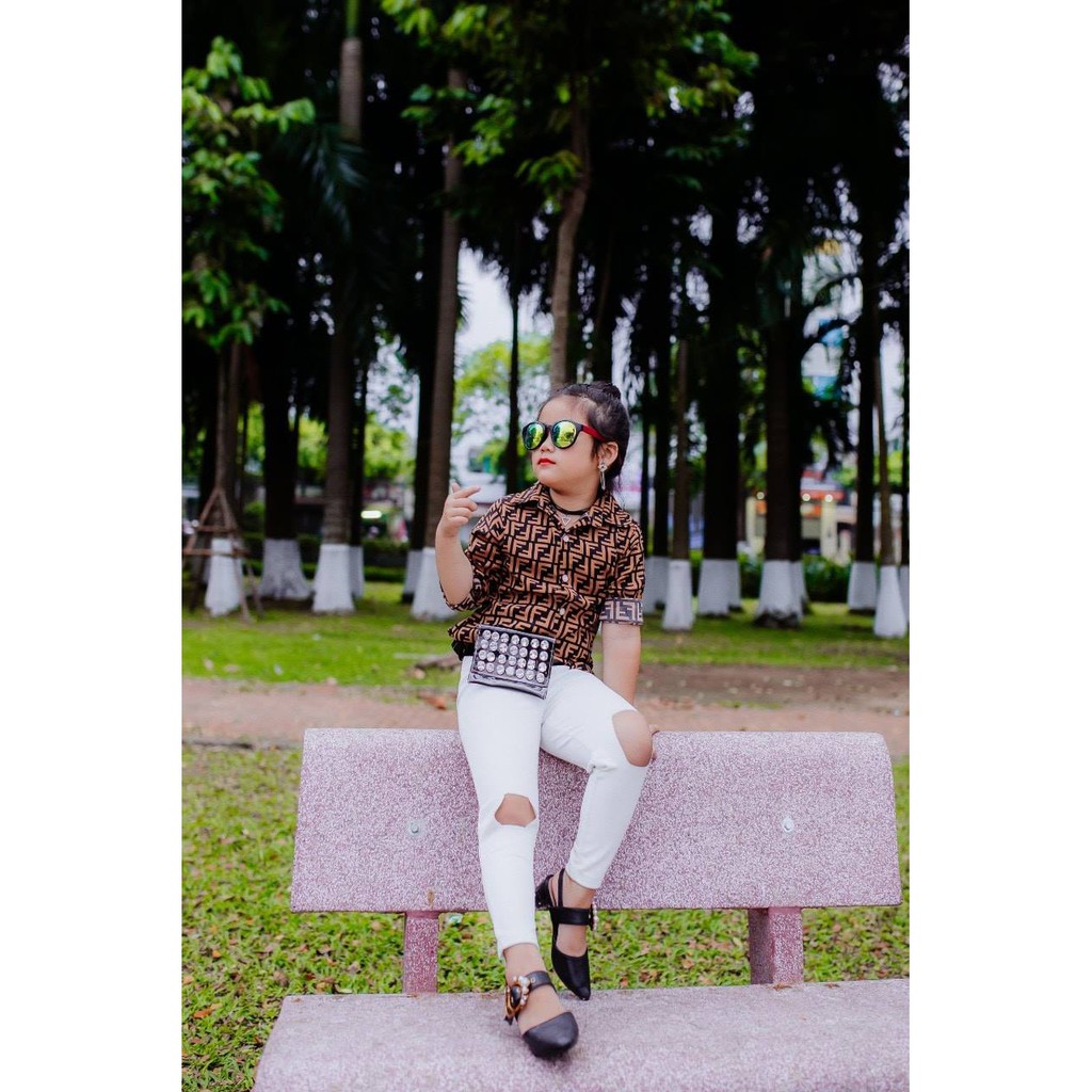 [HCM]Bộ Sơ Mi Quần Dài Rách Gối Bé Gái