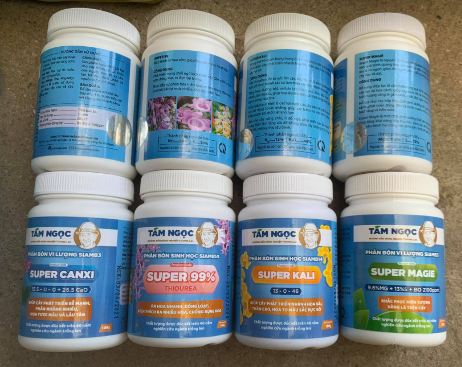 Bộ tứ phân bón hoa lan thầy Tám Ngọc (super kali + canxi + magie + super 99)