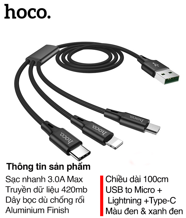 Cáp sạc nhanh dây dù Hoco DU10 Plus 3in1 ( Type-C , Lightning, Micro ) điện áp 3.0A dài 1m