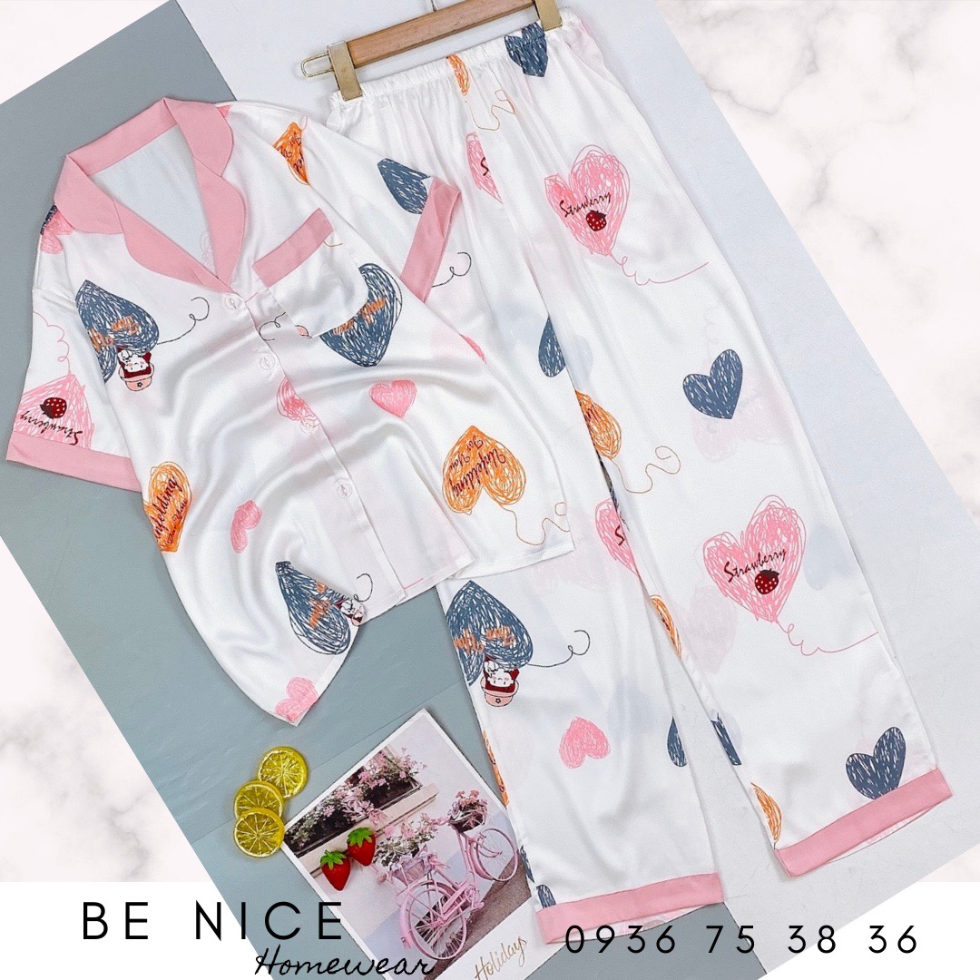 Set pijama lụa mặc nhà cổ phối màu tay ngắn quần dài