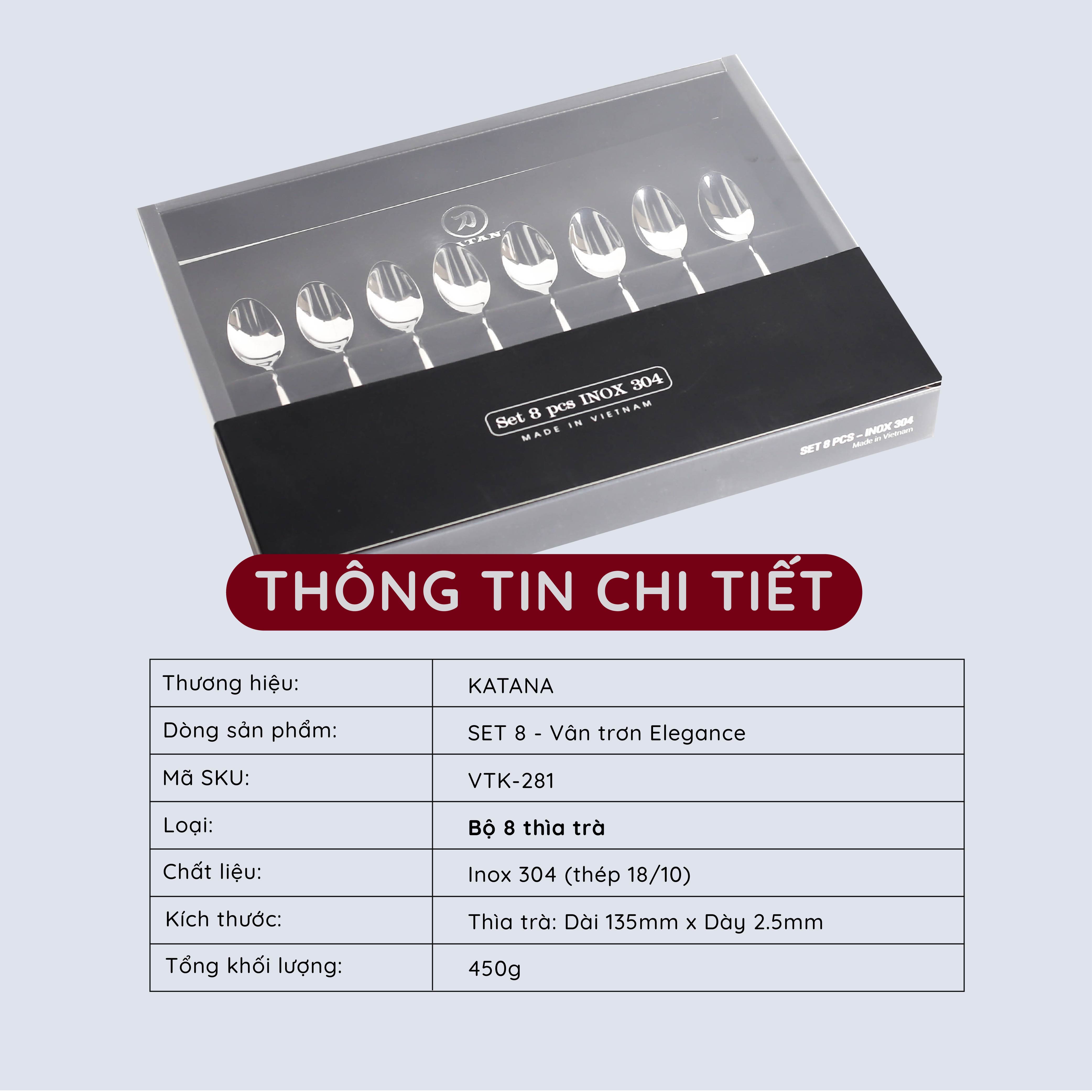 Set 8 thìa trà cao cấp KATANA vân trơn Elegance VTK281