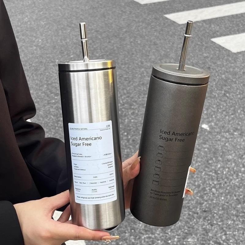 600ml high-grade column stainless steel thermos bottle 304 stainless steel High Temperature Glass, vacuum stainless steel insulated bottle with straw, stainless steel tea coffee cups