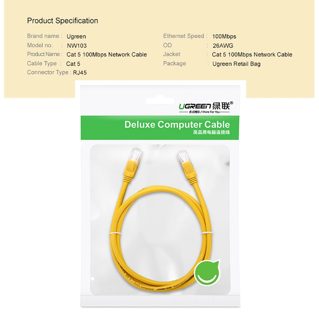 Cáp Mạng Đúc Sẵn Cat5e UTP Màu Vàng UGREEN NW103