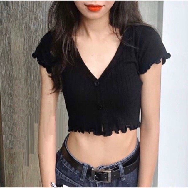 Áo Croptop cài cúc, 2 NÚT CUỐN BIÊN siêu sexy