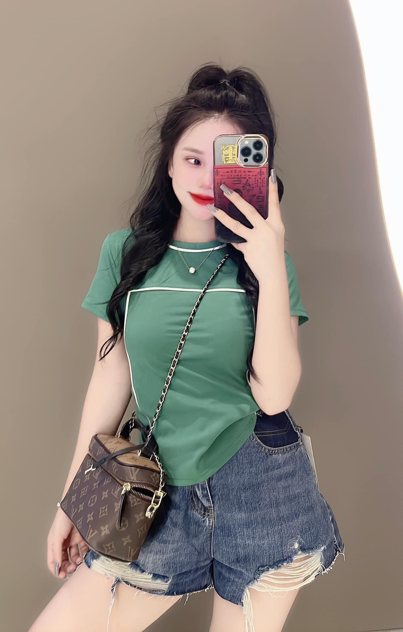 Áo thun dáng ôm nữ tay ngắn phối viền phom dài 8 màu