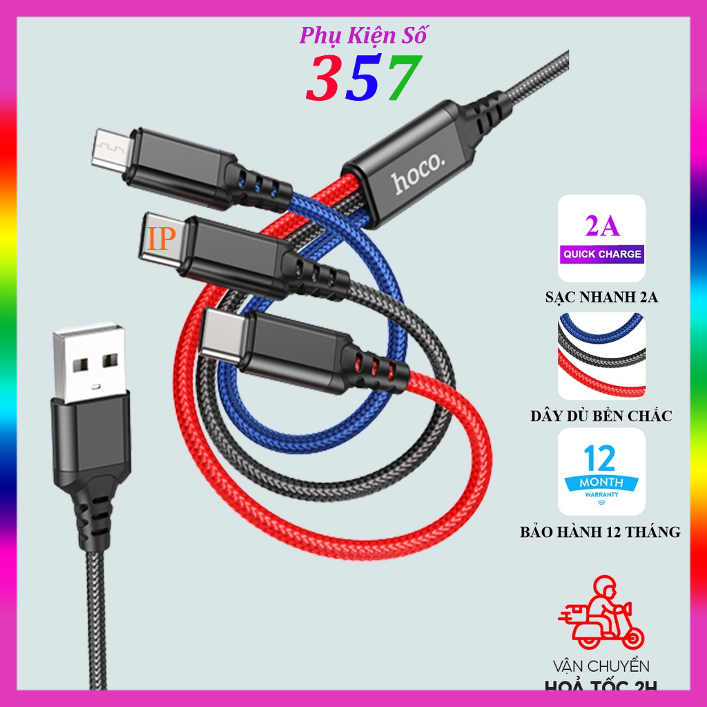 Dây cáp sạc 3 đầu Hoco X76 IP/Micro/TypeC dài 1m bọc dù dòng 2A