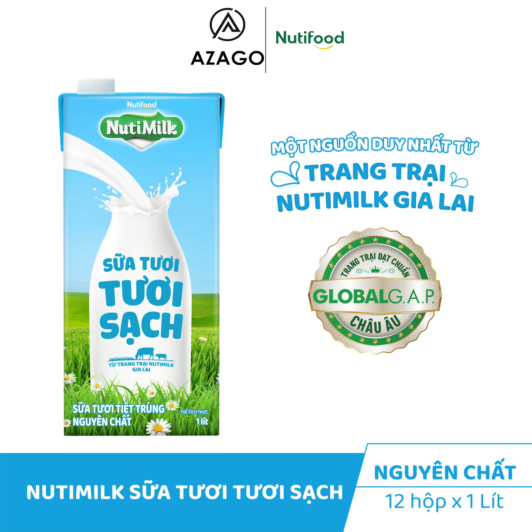 NutiMilk Sữa tươi sạch - Sữa tươi tiệt trùng không đường Hộp 1 Lít STCD1LAZ - Thương Hiệu NUTIFOOD - AZAGO