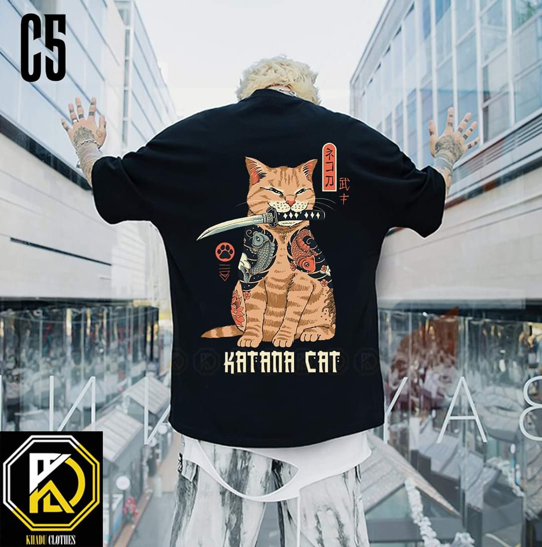 [HCM]Áo thun nam form rộng Hàn Quốc in hình KATANA CAT độc đẹp không phai màu không dính giặt vải dày mịn mát