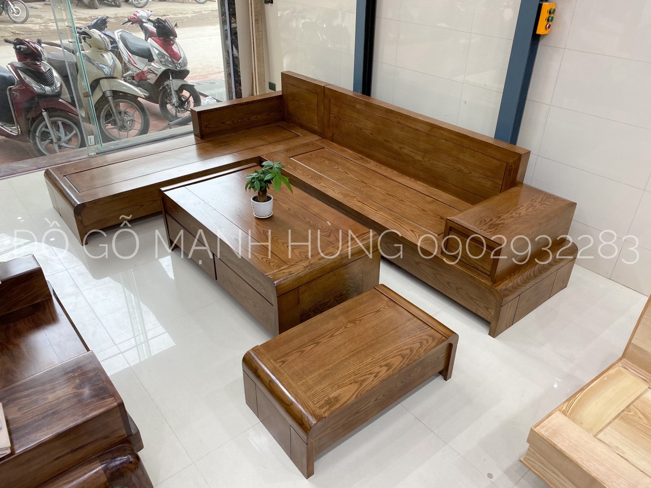 Bộ bàn ghế sofa góc gỗ sồi góc l màu óc chó ms 12.9a