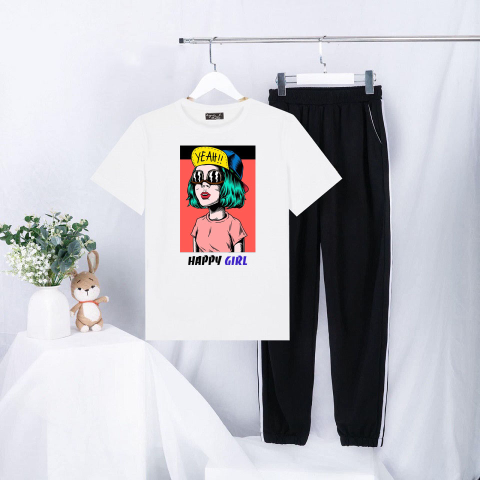 Sét Bộ Đồ Mùa Hè Ulzzang Nữ Xinh Cute Mặc Đi Chơi Dạo Phố, Chất Liệu Áo Cotton Organic Màu Trắng Ngắn Tay Cổ Tròn In 3D Cô Gái YEAH!! Happy Girl Cute Kèm Quần Thun Bo Chun Gấu Hai Rót Phong Cách