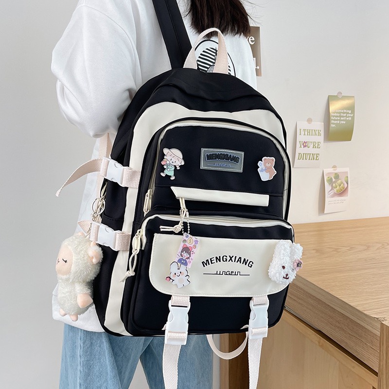 HOÀN TIỀN 15% - Ba lô học sinh HAOLIDA chất vải canvas chống thấm phối màu tặng kèm sitcker và móc khóa gấu trắng